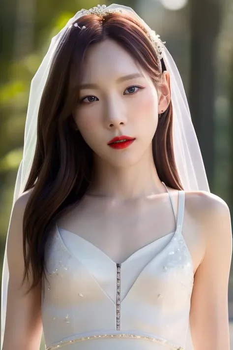 <lora:TaeyeonV1:1>,:Taeyeon,(close-up photo:1.2),(pov:1.1),korean, woman,complex 3d render ultra detailed, smile, portrait of beautiful woman, moody portrait, striking features, beauty, intricate details, dramatic composition, tension, contrast, texture, realism, high-quality rendering, stunning art, high quality, film grain, Fujifilm XT3,swirly bokeh,(realistic, photo-realistic:1.4),RAW photo,physically-based rendering,(looking at viewer:1.4),(8k, best quality, masterpiece:1.2),(full body shot:1.1),octane render,extremely detailed CG, unity 8k wallpaper,in forest,(studio soft light,sunlight:1.1),standing,(a girl is wearing wedding dress:1.5),hyper realistic detail shiny skin,ultra detailed,(ultra realistic:1.1),(intricate:1.2),(photorealistic:1.1),1girl,(skinny:1.3),detailed background,red lips ,(small breasts:1.2)