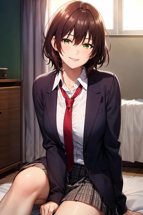 masterpiece, (best quality), 1woman,1girl ,aoihinami, , short hair, green eyes, white shirt,school uniform,sexy woman,jacket, necktie, collared shirt,closed clothes, flirty, smile, hair between eyes, vibrant colors ,natural lighting ,RTX, , beautiful, (detailed face:1.2), showcase, (perfect eyes:1.1) ,(photorealistic:1.1), 8k uhd, looking a viewer, indoors, simple backround