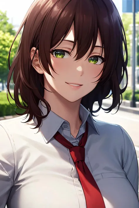 masterpiece, (best quality), 1woman,1girl ,aoihinami, , short hair, green eyes, white shirt,school uniform,sexy woman,jacket, necktie, collared shirt,closed clothes, smile, hair between eyes, vibrant colors ,natural lighting ,RTX, , beautiful, (detailed face:1.2), showcase, (perfect eyes:1.1) ,(photorealistic:1.1), 8k uhd, looking a viewer, outdoors, simple backround