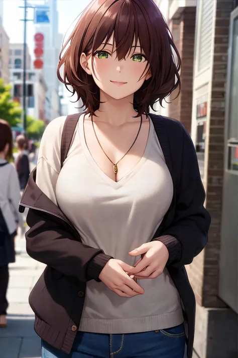 masterpiece, (best quality), 1woman,1girl ,aoihinami, , short hair, green eyes, white shirt,cardigan,sexy woman,jacket, necklace, jewelry,closed clothes, smile, hair between eyes, vibrant colors ,natural lighting ,RTX, , beautiful, (detailed face:1.2), showcase, (perfect eyes:1.1) ,(photorealistic:1.1), 8k uhd, looking a viewer, outdoors, simple backround