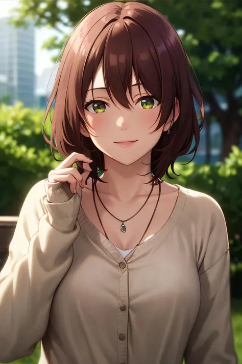 masterpiece, (best quality), 1woman,1girl ,aoihinami, , short hair, green eyes, white shirt,cardigan,sexy woman,jacket, necklace, jewelry,closed clothes, smile, hair between eyes, vibrant colors ,natural lighting ,RTX, , beautiful, (detailed face:1.2), showcase, (perfect eyes:1.1) ,(photorealistic:1.1), 8k uhd, looking a viewer, outdoors, simple backround