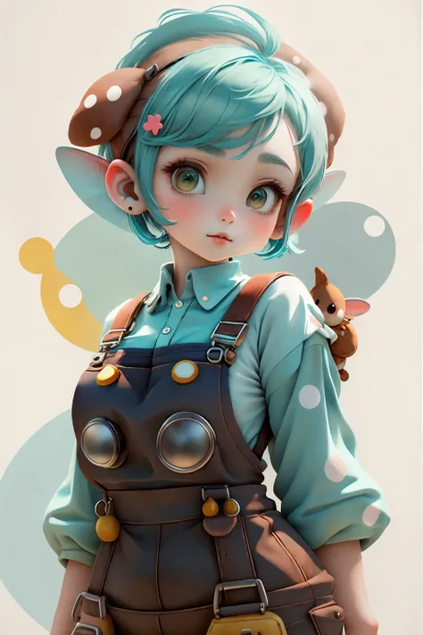 plastican00d, 1girl, turquoise, pixie bob, chestnut, overalls, open in winamp, Extensive,looking at viewer, polka dot background<lora:plastican00d-000010:1>
