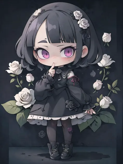 masterpiece, best quality,
neon trim, purple glow, dark theme, pitch black,
plastican00d, (floral background:1.2), purple background, too many roses, black rose, white rose,
short hair, bangs, black hair, red eyes, blunt bangs,
gothic,  frills, lace, wide sleeves, black dress, pantyhose, shoes, black footwear,
1girl, solo, looking at viewer, holding, standing, full body, index fingers together,
<lora:plastican00d-000010:1>
<lora:kp_pattern:0.3>,
<lora:LowRA_Dark:0.9>,