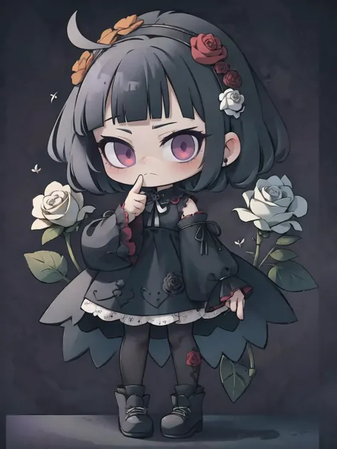 masterpiece, best quality,
neon trim, purple glow,
plastican00d, (floral background:1.2), purple background, too many roses, black rose, white rose,
short hair, bangs, black hair, red eyes, blunt bangs,
gothic,  frills, lace, wide sleeves, black dress, pantyhose, shoes, black footwear,
1girl, solo, looking at viewer, holding, standing, full body, index fingers together,
<lora:plastican00d-000010:1>
<lora:kp_pattern:0.3>,
<lora:LowRA_Dark:0.9>,