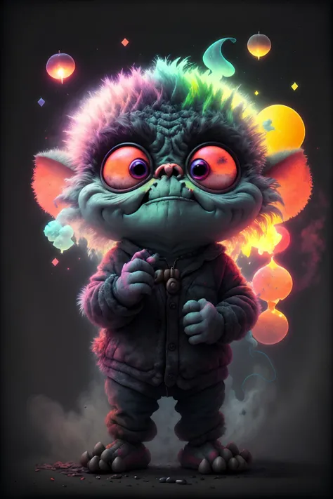 plastican00d, Appealing Gremlin, Horrifying Watch, Unmotivated background, at Dusk, Flustered, Technicolor, Charcoal and Vivid dust particles, <lora:plastican00d-000010:1>
