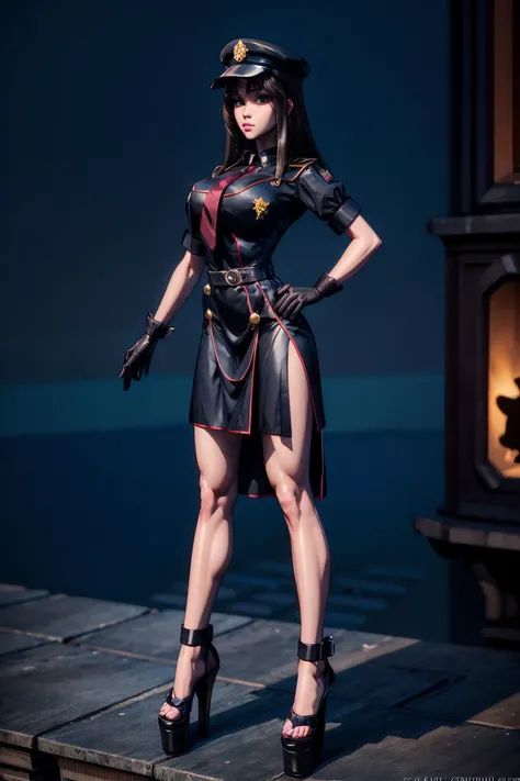 masterpiece, best quality, CG, wallpaper, HDR, high-definition, detailed, High quality, 1girl, Full body, standing, symmetrical face, looking at viewer, woman, platform heels,<lora:more_details:0.8> <lora:th3p1t_v3:0.6> th3p1t <lora:1.5_perfect hands:1>
<lora:m1l1t4ry:0.6> m1l1t4ry, necktie, black gloves, black dress, peaked cap, puffy dress, short sleeves,