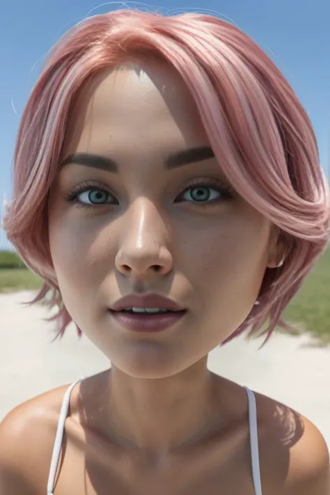 (ultra realistic, highly detailed:1.4), best quality, masterpiece, woman, big breasts, barefoot, summer dress, outdoors, pink hair ((bighead, big head):1.4) <lyco:bighead-v1:0.3>