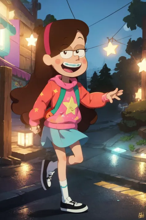<lora:Mabel_Pines-V2:1> MabelPines, brown hair, long hair, hair band, flat chest, smile, braces, open mouth, sweter, skirt, shoes, star print, outdoors