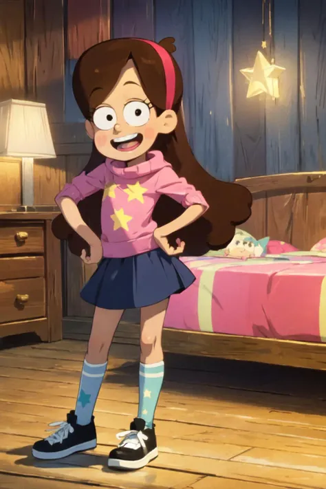 masterpiece, <lora:Mabel_Pines-V2:1> MabelPines, brown hair, long hair, hair band, flat chest, smile, braces, sweter, skirt, shoes, star print, hands on hips, indoors