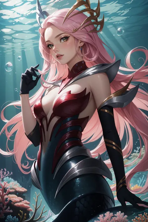 (masterpiece, best quality),  intricate details,
1girl,  <lora:lol_coven_namiV2-000010:0.8> coven nami, 1girl, mermaid, monster girl, tentacles, colored skin, hair ornament, gloves, pink hair, long hair, 
underwater, bubbles, coral, jellyfish,