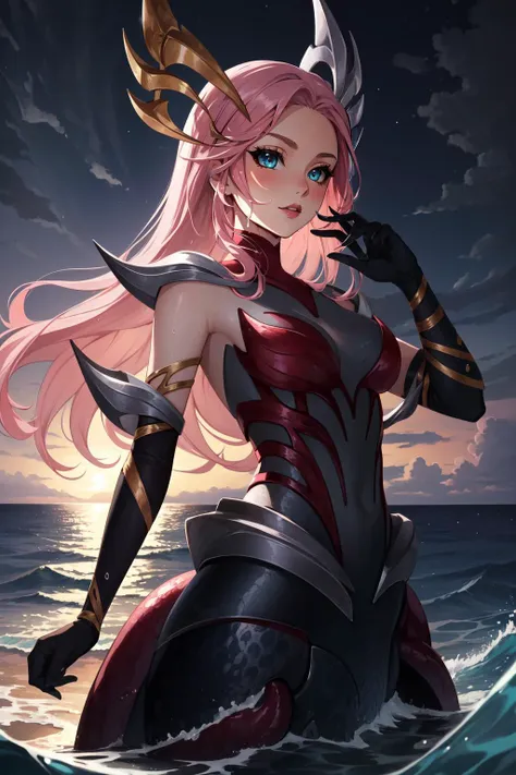 (masterpiece, best quality),  intricate details,
1girl,  <lora:lol_coven_namiV2-000010:0.8> coven nami, 1girl, mermaid, monster girl, tentacles, colored skin, hair ornament, gloves, pink hair, long hair, 
night, ocean, water, waves, wet,