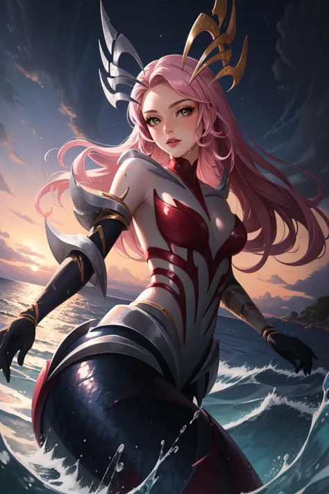 (masterpiece, best quality),  intricate details,
1girl,  <lora:lol_coven_namiV2-000010:0.8> coven nami, 1girl, mermaid, monster girl, tentacles, colored skin, hair ornament, gloves, pink hair, long hair, 
night, ocean, water, waves, wet,