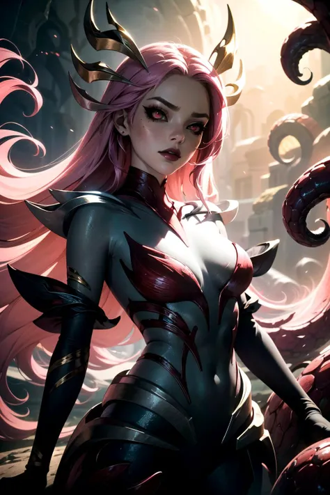 (masterpiece, best quality:1.2), intricate details,  <lora:GoodHands-beta2:1>,  <lora:lol_coven_namiV2-000010:1>, coven nami, 1girl, mermaid, monster girl, tentacles, colored skin, hair ornament, black sclera, gloves, pink hair, long hair