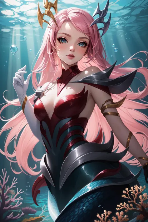 (masterpiece, best quality),  intricate details,
1girl,  <lora:lol_coven_namiV2-000010:0.8> coven nami, 1girl, mermaid, monster girl, tentacles, colored skin, hair ornament, gloves, pink hair, long hair, 
underwater, bubbles, coral, jellyfish,