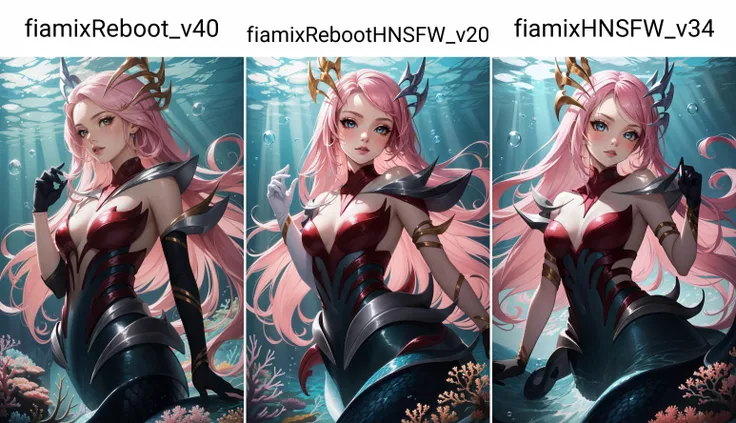 (masterpiece, best quality), intricate details,
1girl, <lora:lol_coven_namiV2-000010:0.8> coven nami, 1girl, mermaid, monster girl, tentacles, colored skin, hair ornament, gloves, pink hair, long hair,
underwater, bubbles, coral, jellyfish,