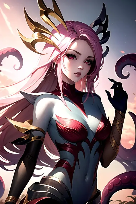 (masterpiece, best quality:1.2), intricate details, <lora:GoodHands-beta2:1>, <lora:lol_coven_namiV2-000010:1>, coven nami, 1girl, mermaid, monster girl, tentacles, colored skin, hair ornament, gloves, pink hair, long hair