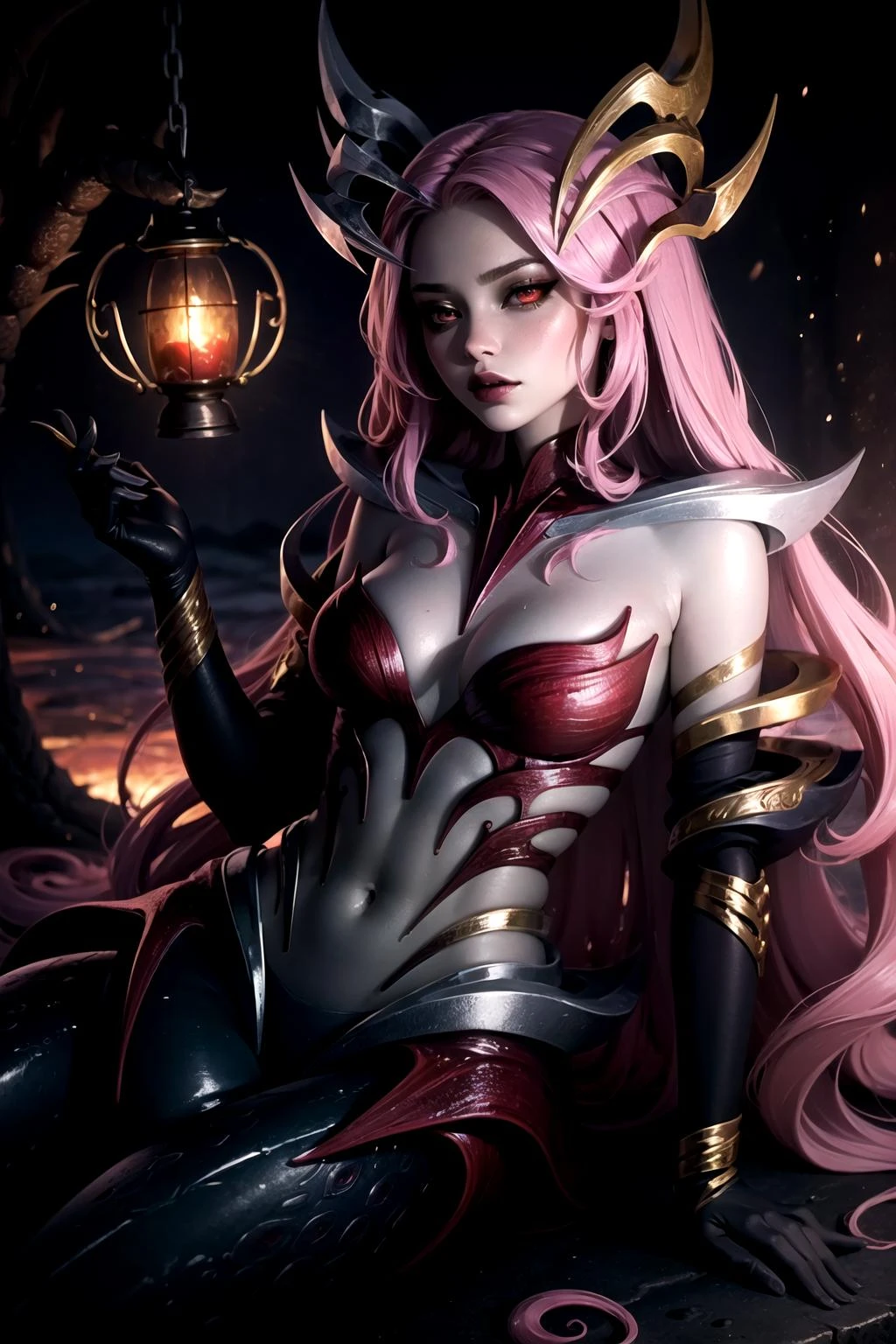 (masterpiece, best quality:1.2), intricate details, <lora:GoodHands-beta2:1>, <lora:lol_coven_namiV2-000010:1>, coven nami, 1girl, mermaid, monster girl, tentacles, colored skin, hair ornament, black sclera, gloves, pink hair, long hair