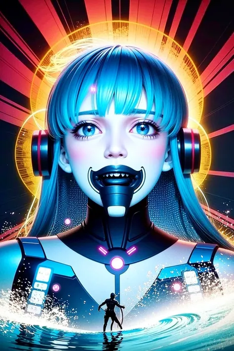 Style: Cyberpunk
Color scheme: Dark and neon colors, such as black, blue, purple, and pink.
Texture: Gritty and metallic textures, with a focus on sharp lines and angles.
Subjects: Futuristic cityscapes, robots, cyborgs, and other technological elements.
Lighting: High contrast lighting with strong shadows and bright highlights.
Composition: Dynamic compositions with diagonal lines and asymmetrical balance.
Mood: Dystopian and futuristic, with a sense of danger and uncertainty.
Techniques: Generative adversarial networks (GANs), neural style transfer, and other deep learning techniques can be used to create the artwork., [(white background:1.5)::5],hexagon,mid shot, (Highest picture quality),(Master's work),(ultra-detailed),(Detailed eye description:1.0),(lens flare:1.0),( poster:1.0), (close-up:1.0),(solo),(many colorful vines:1.0),(floating pink blades:1.0),(water wings:1.0), (dappled sunlight,light rays,caustics:1.2), (colorful:1.0),(beautiful detailed glow:1.0),(grim expression:1.0),(small:1.0),(closed mouth:1.0),blue hair, glowing,(blue electromagnetic wave:1.6),bare shoulders, twintails, (bubble, caustics, motion lines:1.2), butterfly, (very long hair:1.2), wind,forest:1.4, river,(bloom:1.5),(night:1.5)