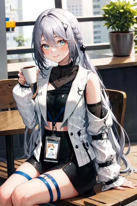 short hair,Uniform hair length,Hair color: Ash gray,The ends of my hair are curly,Barista,Mode clothing,Black V-neck long sleeve dress,Cool Beauty,Woman in her 30s,A slight smile on your lips,A mole under the left lip,Stylish cafe,Arched, kind-looking thin eyebrows,1 female,Having a Coffee Pot,highest quality,Her bangs are angled to hide her forehead,One silver bracelet on the right wrist,coffee,Simple clothing,Espresso machine in the background,Red lipstick,Precise down to the smallest detail