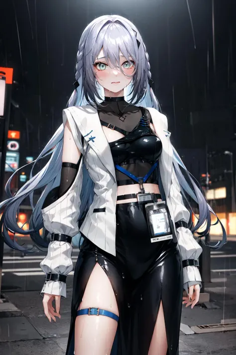 masterpiece, best quality, highres, aasophia, long hair, braid, hair ornament, see-through, black shirt, id card, white jacket, long sleeves, belt, black skirt, long skirt, side slit, thigh strap, <lora:sophia_valentine_v1:0.7>, cyberpunk, standing, (wet:1.2), night, (rain:1.2)