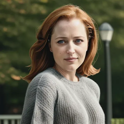 gilliananderson a woman wearing a sweater, smiling, long hair blowing in the wind, jeans, outside, park , portrait, (realistic, photo-realistic:1.37), ultra high res, ultra-detailed, incredibly beautiful girl, 8k uhd, dslr, soft lighting, high quality, film grain, Fujifilm XT3