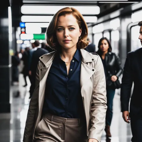 gilliananderson of a stunning woman, smiling, on a (subway), wearing a (jacket) and trousers, 4k textures, soft cinematic light, adobe lightroom, photolab, hdr, intricate, elegant, highly detailed, sharp focus, ((((cinematic look)))), soothing tones, insane details, intricate details, hyperdetailed, low contrast, soft cinematic light, exposure blend, hdr,