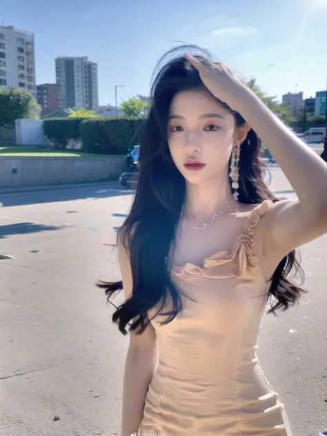 (raw photo:1.2), (photorealistic:1.4),((physically-based rendering)), best quality,masterpiece,best quality,official art, (realistic, photo-realistic:1.4), (high detailed skin:1),
outdoors, blue sky, cityscape,
1girl, upper body,
long hair, black hair, red lipstick,
white dress, long dress, jewelry, earrings, necklace,
looking at viewer,
<lora:Pbx_v2:1>
