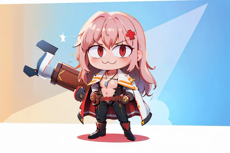 (masterpiece, best quality:1.2), chibi, solo, 1girl, necoarc, yulha, :3, hair ornament, slit pupils, necklace, chest strap, jacket, coat on shoulders, cleavage, belt, leotard, black gloves, navel, open clothes, black pants, clothing cutout <lora:necoarc:1> <lora:yulha-nvwls-v1-final:0.8>