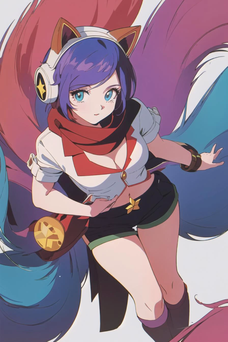 (masterpiece),best quality,cowboy_shot,from_above,medium_shot,thighs,looking at viewer,Look directly,(1980s (style):1.4),(retro artstyle:1.1),<lora:AhriArcade:0.75>,ahri \(league of legends\),arcade ahri,