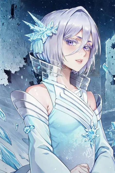 solo, short hair, hair ornament, hair between eyes, <lora:Rukia_bankai:0.8>, detached sleeves, glowing ice particles, detailed, intricate details, looking at viewer, destroyed buildings, city, parted lips, looking away, sharp focus, light particles