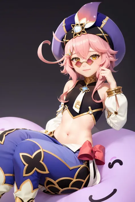 masterpiece, best quality, <lora:dori:1>,1girl,dori \(genshin impact\), slime \(genshin impact\), hat,pink hair,long hair,ahoge,hair ornament,yellow eyes,sunglasses,vision \(genshin impact\),detached sleeves,long sleeves,sleeveless shirt, bare shoulders,crop top, navel, harem pants,purple pants, bow,grey background, smile,sitting,