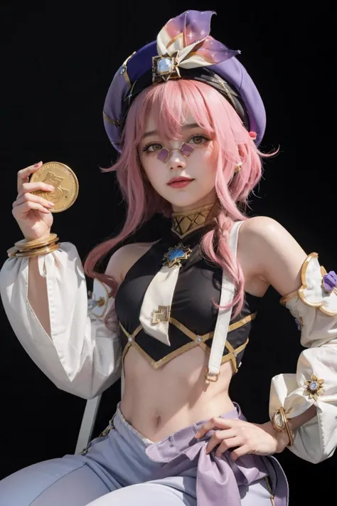 masterpiece, best quality, <lora:dori:1>,dori \(genshin impact\), slime_(genshin_impact), 1girl, pink hair, hat, glasses,solo, detached sleeves, pants, harem pants, coin, looking at viewer, pince-nez, purple headwear, smile, crop top, white sleeves, orange eyes, puffy long sleeves, long sleeves, yellow eyes, bangs, sidelocks, closed mouth