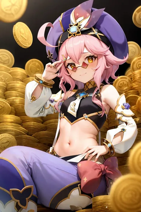 masterpiece, best quality, <lora:dori:1>,1girl,dori \(genshin impact\), slime \(genshin impact\), hat,pink hair,long hair,ahoge,hair ornament,yellow eyes,sunglasses,vision \(genshin impact\),detached sleeves,long sleeves,sleeveless shirt, bare shoulders,crop top, navel, harem pants,purple pants, bow,coin, smile,sitting,