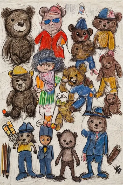 <lyco:2v1_Kids_crayon_drawing:1.0> child's drawing  really tough gangsters with teddy bears