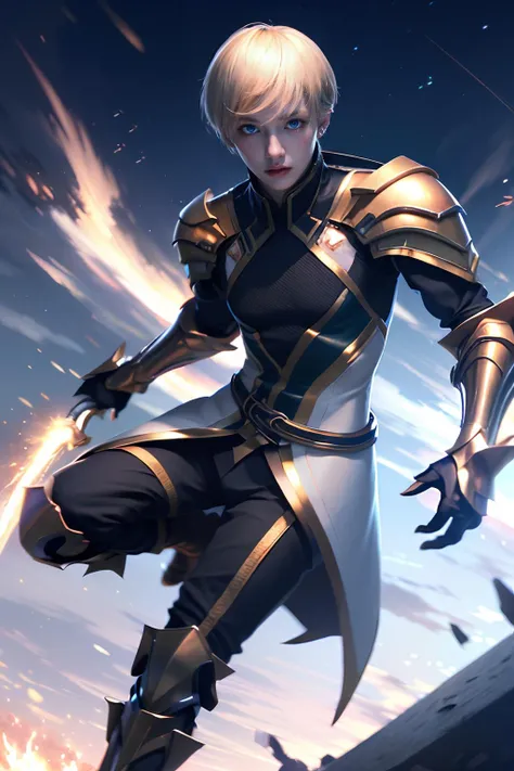 (masterpiece),((ultra-detailed)), (highly detailed CG illustration),(expressionless), (best quality:1.2), <lora:enzo:0.7>, enzo, solo, looking at viewer, short hair, bangs, blunt bangs, blue eyes, blonde hair, gloves, 1boy, male focus, armor, shoulder armor, (blood), fire, blood on face, gloves, black gloves, belt, boots, armored boots, gauntlets, pants, black pants, coat, white coat, dual wielding, outdoors, sky, star (sky), city background, night, realistic,