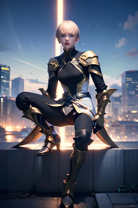 (masterpiece),((ultra-detailed)), (highly detailed CG illustration),(expressionless), (best quality:1.2),(1girl:1.2), <lora:enzo:0.7>, enzo, solo, looking at viewer, short hair, bangs, blunt bangs, blue eyes, blonde hair, gloves, 1boy, male focus, armor, shoulder armor, (blood), fire, blood on face, gloves, black gloves, belt, boots, armored boots, gauntlets, pants, black pants, coat, white coat, dual wielding,  outdoors, sky, star (sky), city background, night, realistic, sitting,