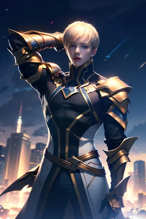 (masterpiece),((ultra-detailed)), (highly detailed CG illustration),(expressionless), (best quality:1.2), <lora:enzo:0.7>, enzo, solo, looking at viewer, short hair, bangs, blunt bangs, blue eyes, blonde hair, gloves, 1boy, male focus, armor, shoulder armor, (blood), fire, blood on face, gloves, black gloves, belt, boots, armored boots, gauntlets, pants, black pants, coat, white coat, dual wielding, outdoors, sky, star (sky), city background, night, realistic, Men's muscles, muscle