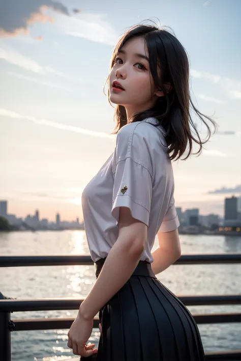 1girl,solo,happy, parted lips,
from side, standing, 
looking at viewer,sunset,skyline,shirt,(pleated skirt),
(50mm Sigma f/1.4 ZEISS, F1.4, 1/800s, ISO 100, photography:1.1), delicate, masterpiece, beautiful detailed, colourful, finely detailed, detailed lips, intricate details, large breasts, 1 woman,
  <lora:XuJ1ao:0.7 >