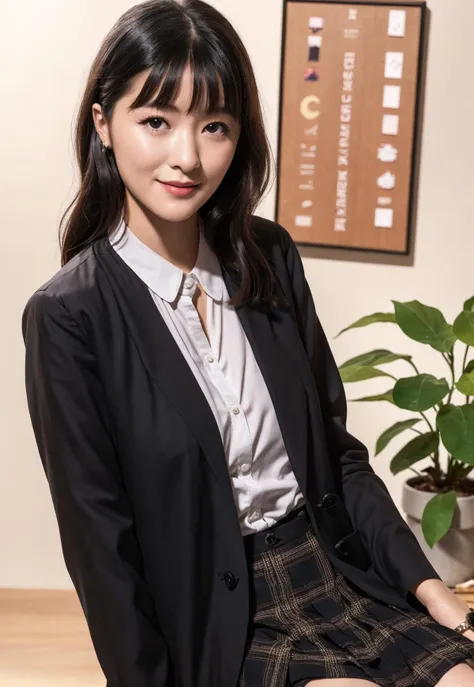 <lora:XuJiao576-000026:0.75>
solo,1girl of (20 yo),20 years old girl,young,aged down, 
(office lady,black coat,),
  fabric pleated plaid skirt,
boltany,plant,flower,
(looking at viewer:1.3),small breasts, 
parted lips,  smile, shiny skin, skindentation, best quality, ultra high res, (photorealistic:1.4),