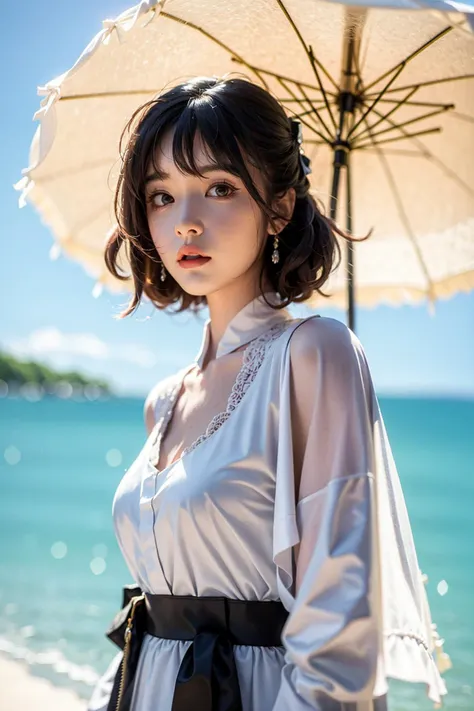 1girl,solo,makeup,parted lips,
 4::  standing, 
looking at viewer,cloudy ocean,shirt,(dress),
(50mm Sigma f/1.4 ZEISS lens, F1.4, 1/800s, ISO 100, photography:1.1), delicate, masterpiece, beautiful detailed, colourful, finely detailed, detailed lips, intricate details, large breasts, 1 woman,
 <lora:ZhaoJ1nma1-000009:0.7>  >