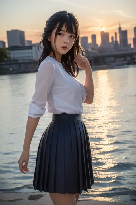 1girl,solo,happy, parted lips,
 4::  standing, 
looking at viewer,sunset,skyline,serafuku,(pleated skirt),unparalleled masterpiece, photo referenced,best quality, ultra high res, (photorealistic:1.4), 
  <lora:XuJ1ao:0.7 >