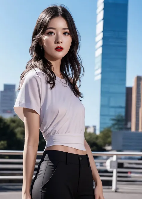 <lora:XuJiao576-000026:0.7>
solo,1girl of (20 yo),20 years old girl,young, 
(sportswear,mountaineering),
 black_trousers,
roogtop,city_skyline,blue sky,
(looking at viewer:1.3),small breasts, 
 light_makeup   red_lips,shiny skin, skindentation, best quality, ultra high res, (photorealistic:1.4),