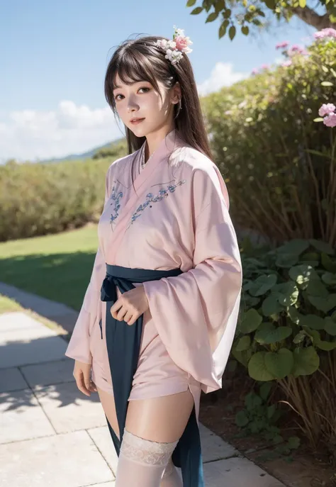 <lora:XuJiao576-000026:0.5>
solo,1girl of (20 yo),20 years old girl,young,aged down, 
(parted lips),light smile,(thighhighs),
jin clothing,jinstyle,outdoors,(looking at viewer:1.3),see-through,(light blush),
detailed eyes,(intricate:1.05),(looking at viewer),(shiny skin,skindentation),wide angle,
<lora:hanfu_v2.8:0.8> hanfu,
shiny skin, skindentation, best quality, ultra high res, (photorealistic:1.4),