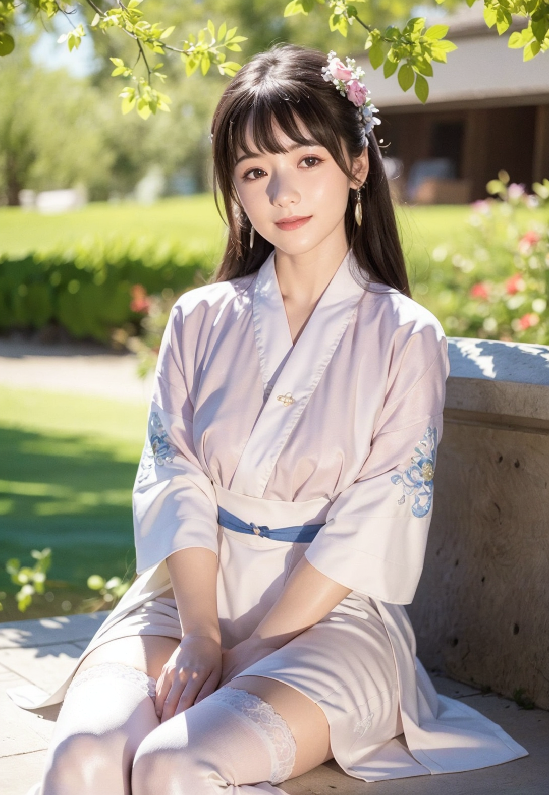 A woman in a white kimono sitting on a stone bench - SeaArt AI