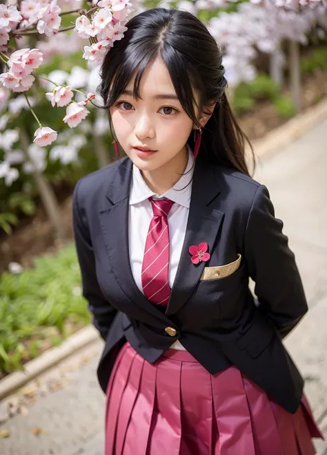 realistic, beautiful female,
<lora:XuJiao2-000005:0.5>
school uniform, wide angle, (low angle),(looking at viewer), earrings, earphones, high school girl, (fabric pleated skirt), necktie, black suit, serafuku, posing,hanami,plum blossoms,
black eyes,woman,shiny skin,(skindentation),small breasts,