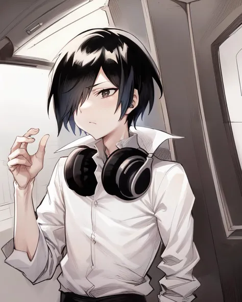 <lyco:ZuntaStyle-NAI-LyCORIS:0.8>
1boy, upper body, solo, male focus, white collared shirt, headphones_around_neck, hair over one eye, sleeves rolled up, solo, short black hair