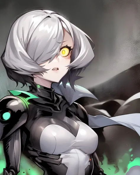 <lyco:ZuntaStyle-NAI-LyCORIS:0.9>
1girl, solo, short white hair, android, mechanical_arms, robot joints, hair_over_one_eye, glowing yellow eye, upper body