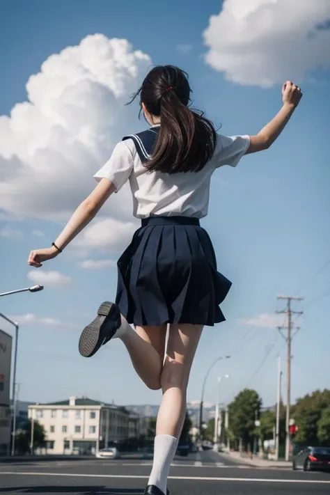 ltra-detailed,highly detailed,best quality,masterpiece,illustration,realistic,photorealistic,
1girl, solo, from behind,
jump,jumping, school uniform,sailor dress,legs folded, in sky,
<lora:jump_v1_02:0.7>