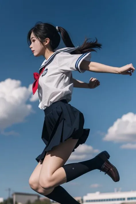 ltra-detailed,highly detailed,best quality,masterpiece,illustration,realistic,photorealistic,
1girl, solo, from side,
jump,jumping, school uniform,sailor dress,legs folded, in sky,
<lora:jump_v1_02:0.7>