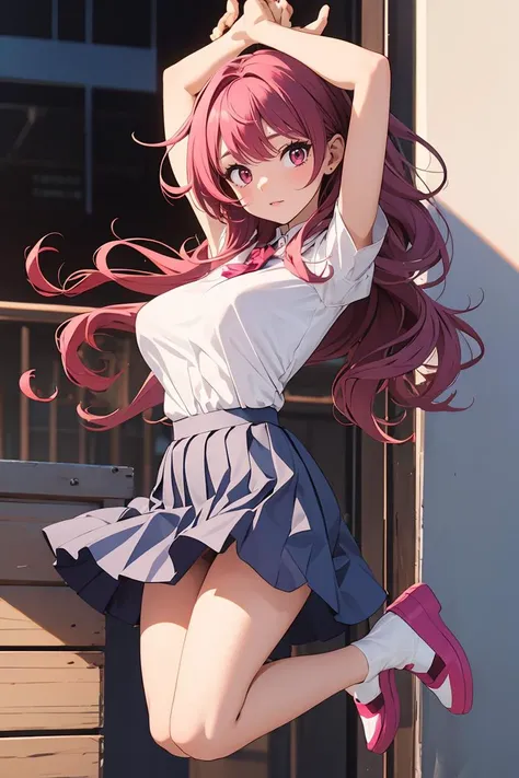 (masterpiece, best quality), 1girl,   Magenta Soft Waves with Side Part, Size D breasts,   <lora:jump_20240211025113:0.8> jump,jumping,